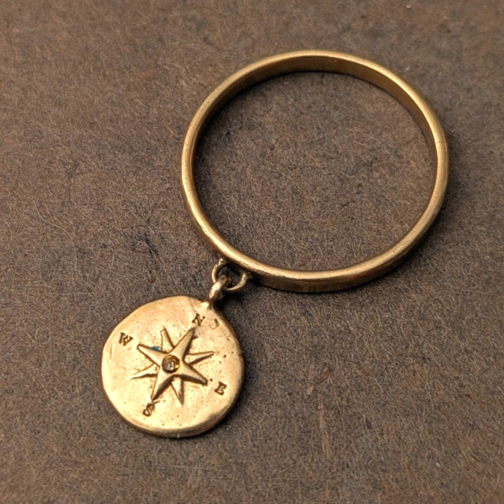 Waxing Poetic Brass Ring Compass Dangling Clear Gem  Size 7